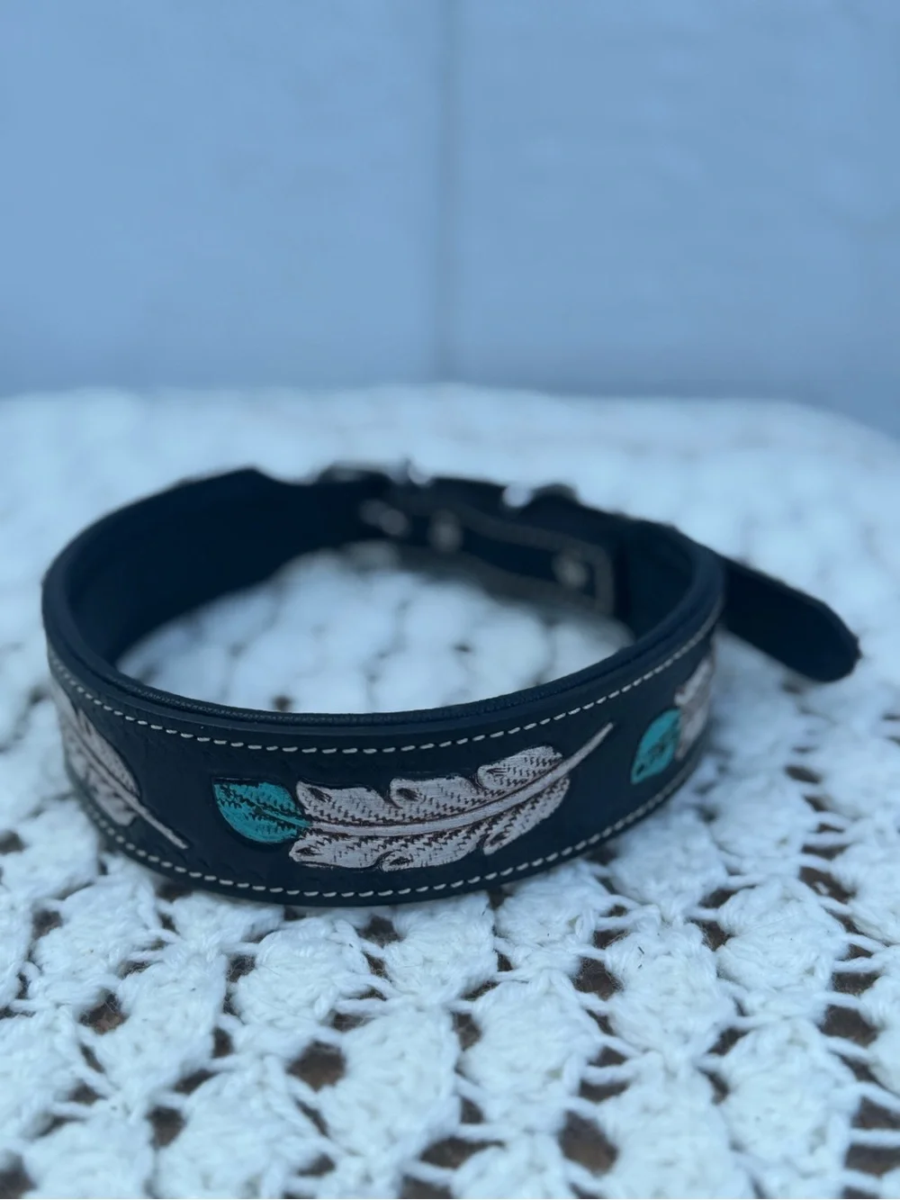 Leather dog collar Feather Embroidered Belt - Black